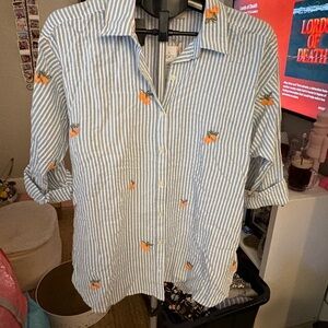 Blue Striped Shirt with Orange Embroidery